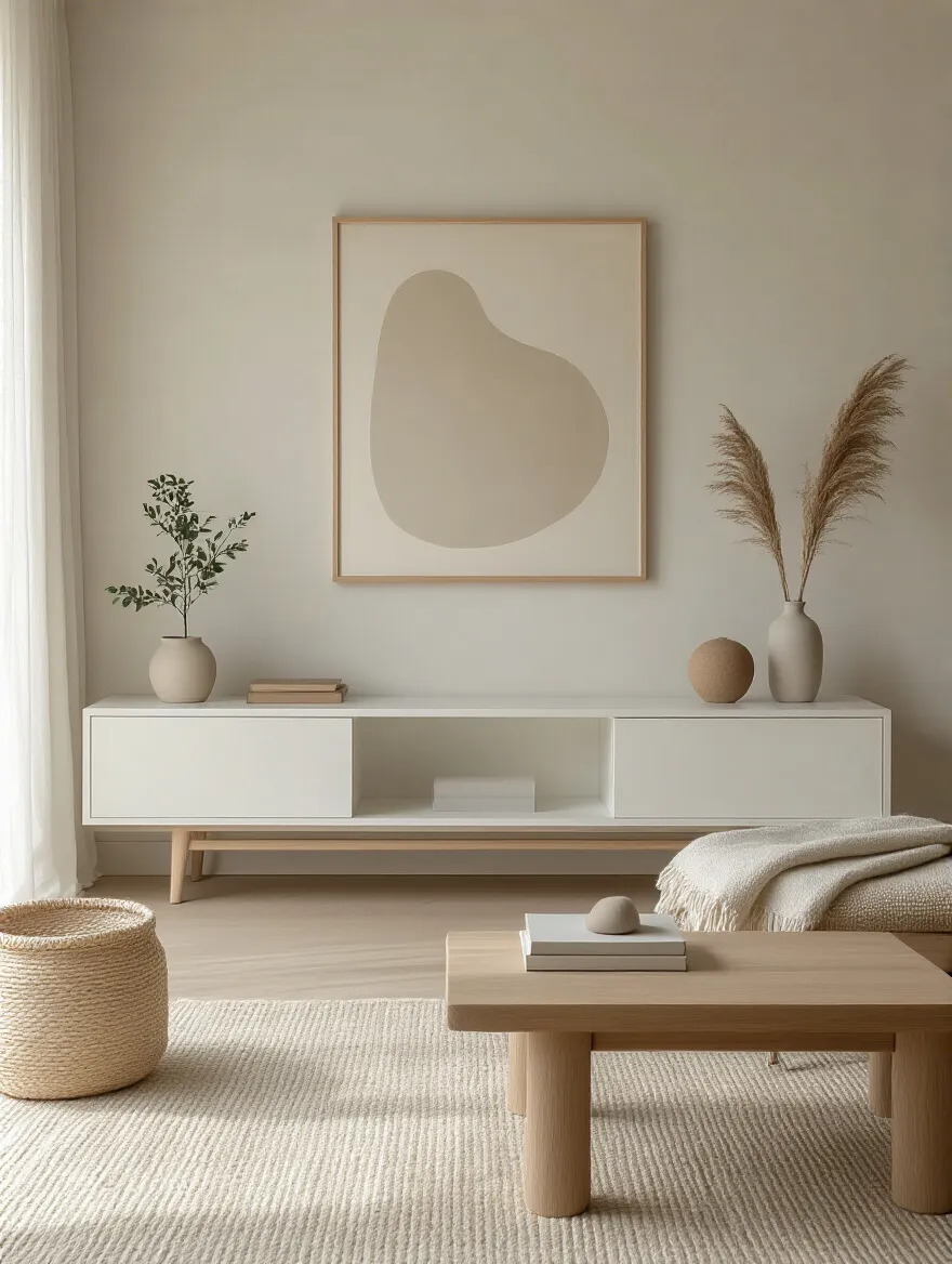 Vertical portrait of a serene minimalist living room with tidy storage and a single functional setup