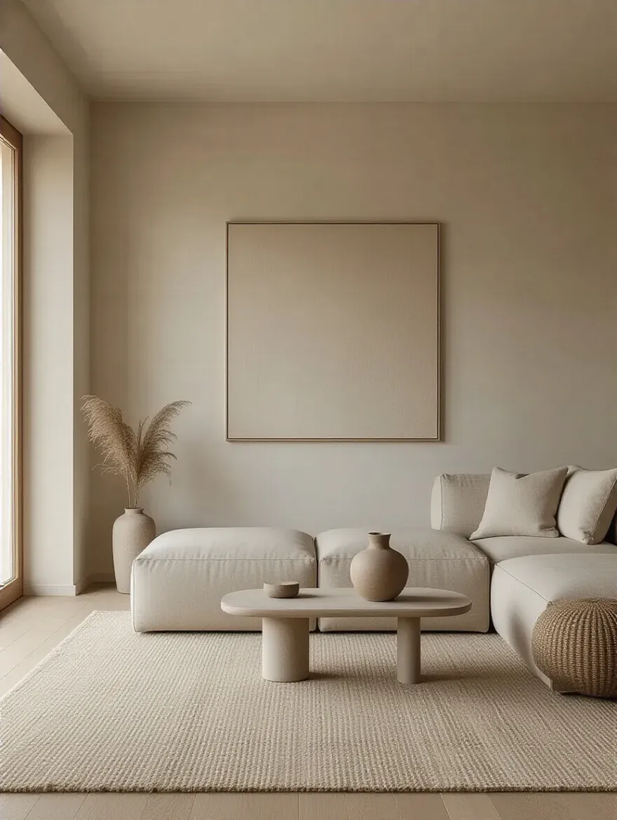 Minimalist living room with ample negative space, pale walls, sparse furniture, and soft natural light.