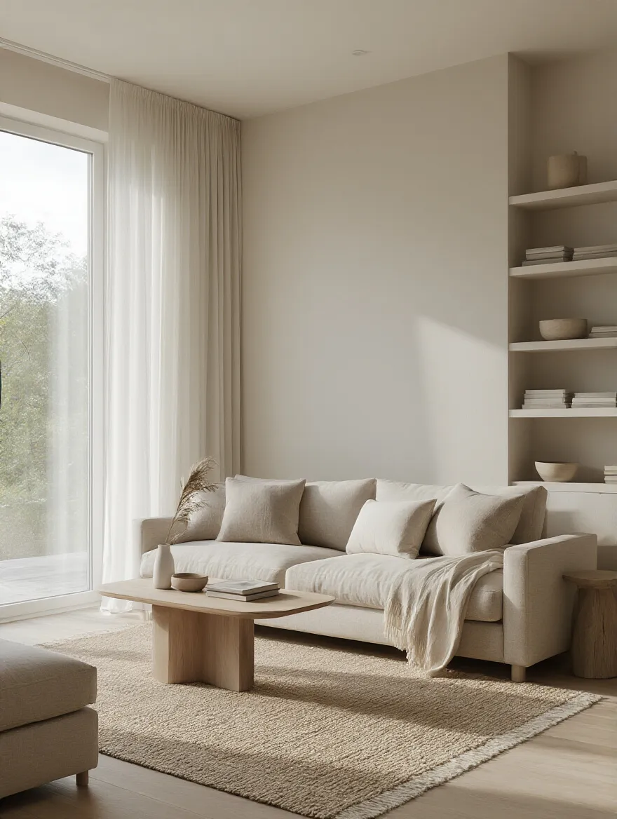 Interior of a serene minimalist living room in neutral color palettes with soft textures and natural light.