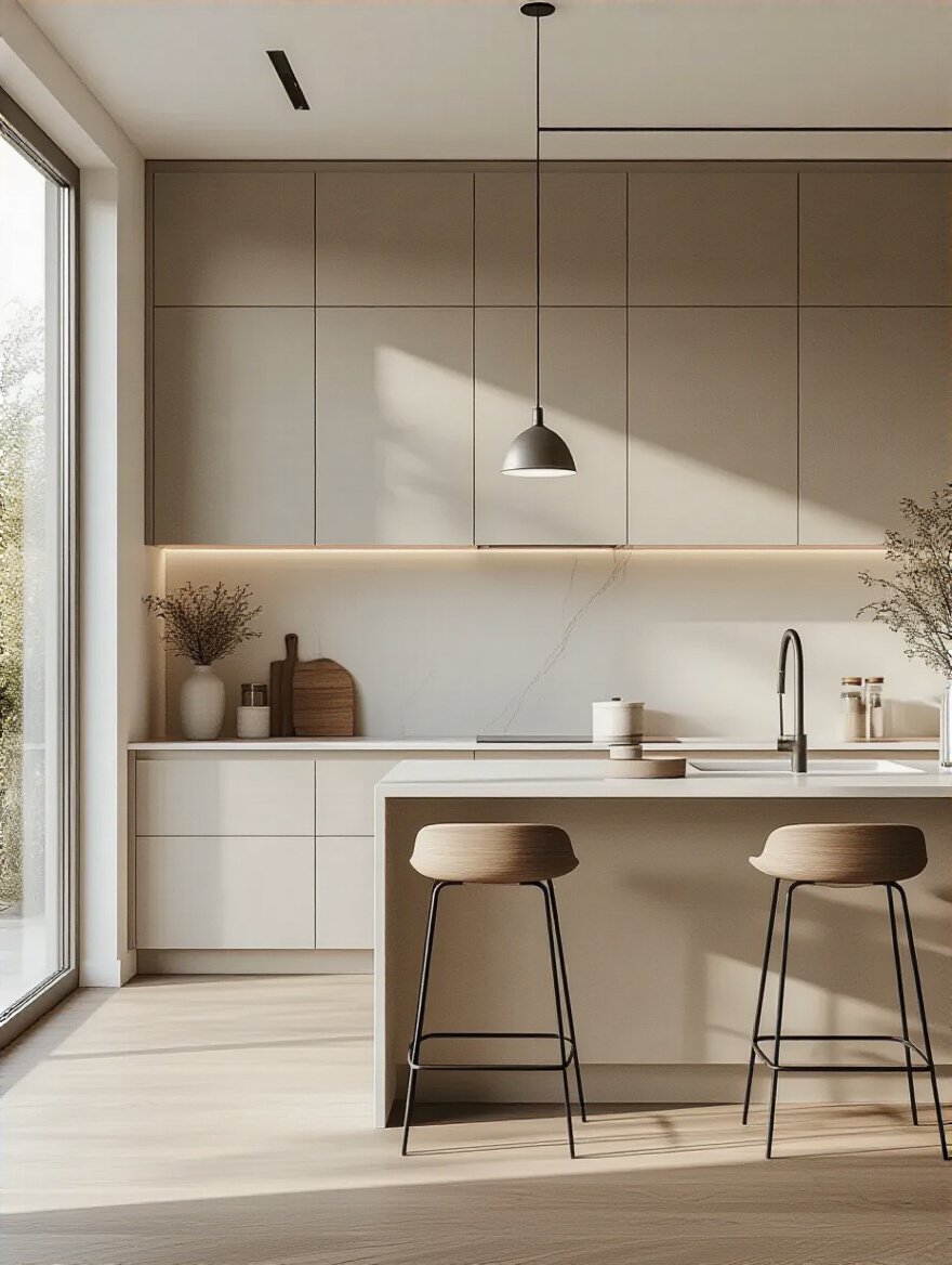 Modern kitchen interior showing cohesive style with handleless cabinets, minimalist island, and metal bar stools