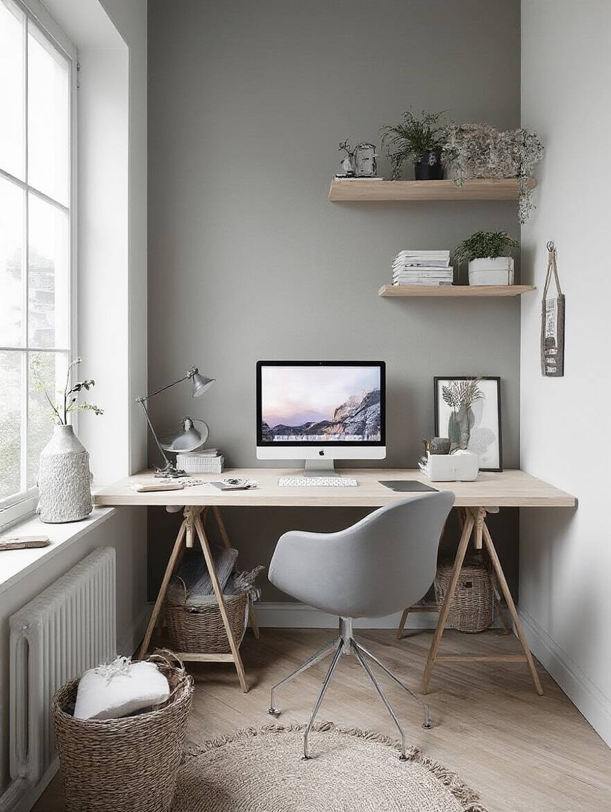Apartment bedroom workspace with budgeting spreadsheet and planner on wooden desk under soft natural morning light