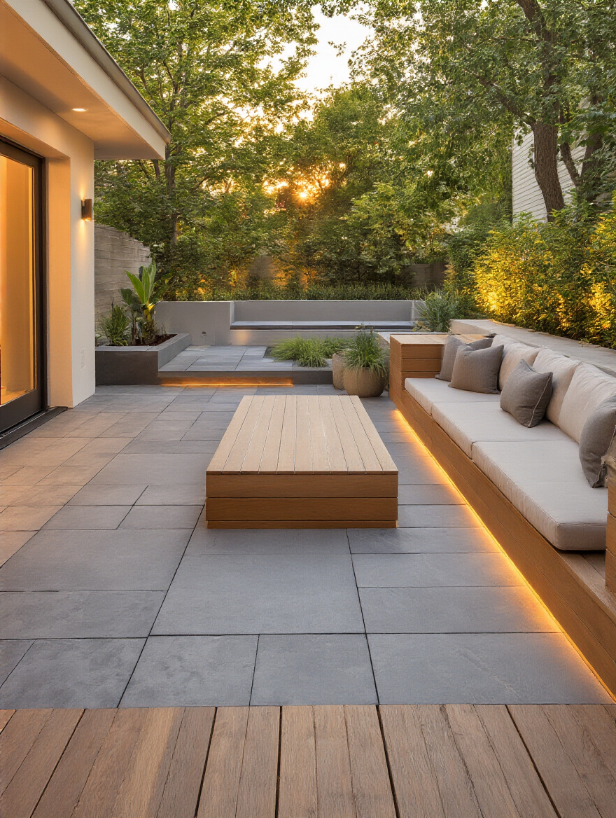 Portrait view of a modern backyard patio at golden hour with layered materials, built-in seating, and ambient lighting.