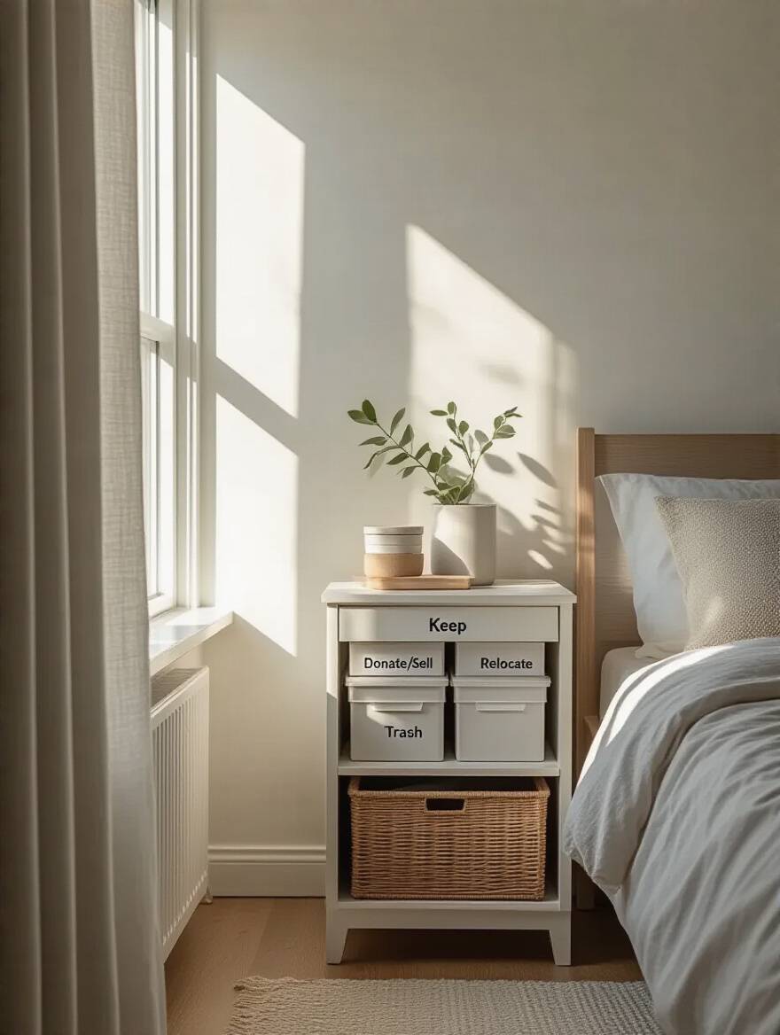Organized apartment bedroom nightstand with labeled decluttering storage boxes under natural light