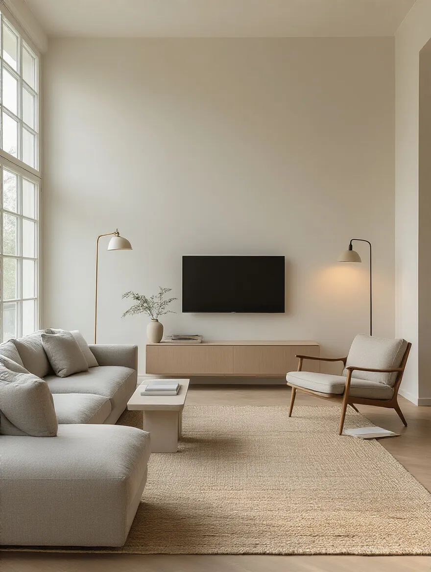 Minimalist living room with three clearly defined zones: conversation, reading, and small work area; neutral palette; soft daylight