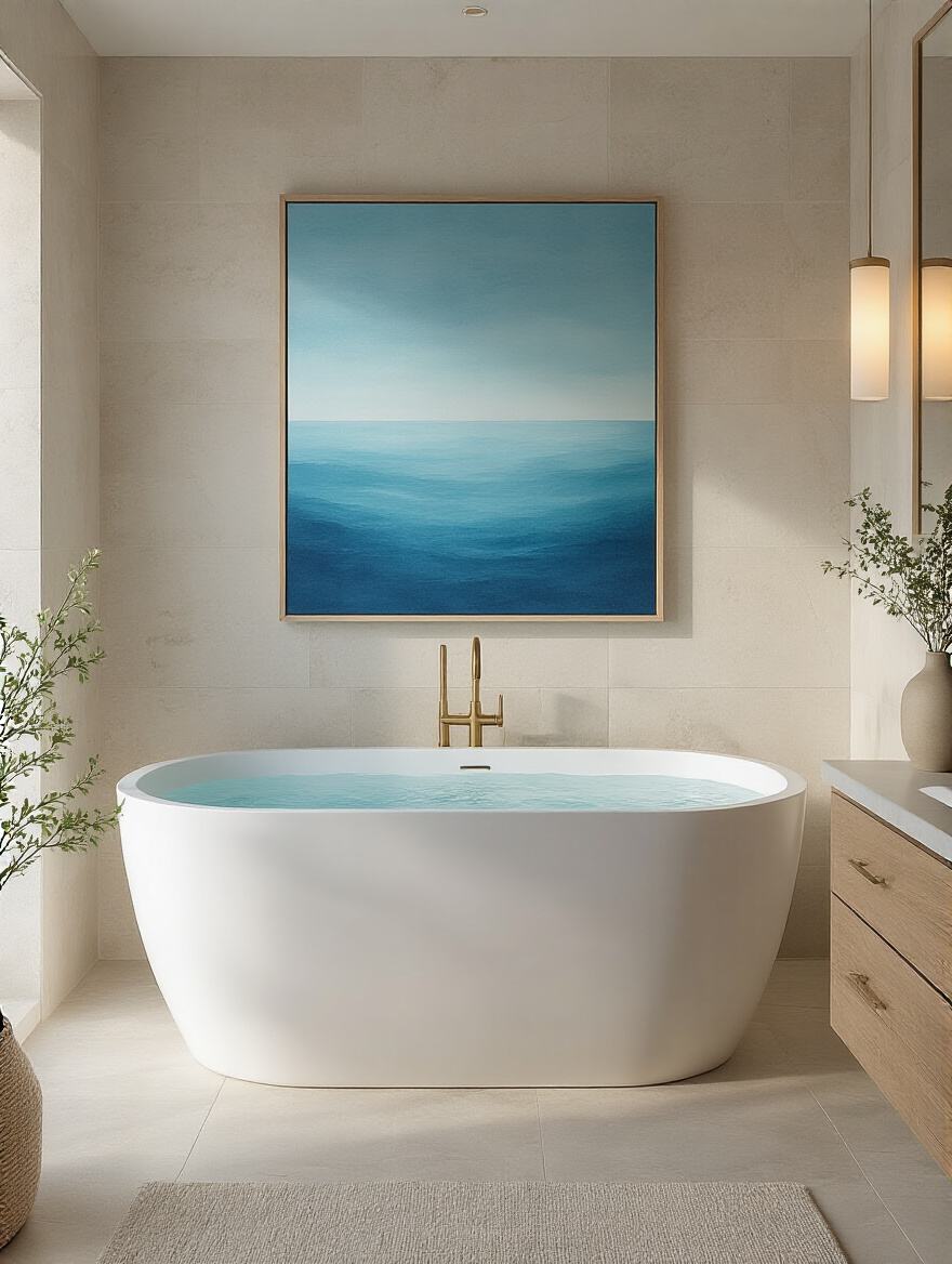 Portrait view of a serene bathroom with a large blue-hued coastal art piece above a freestanding tub, neutral tiles, brass fixtures, and soft lighting.