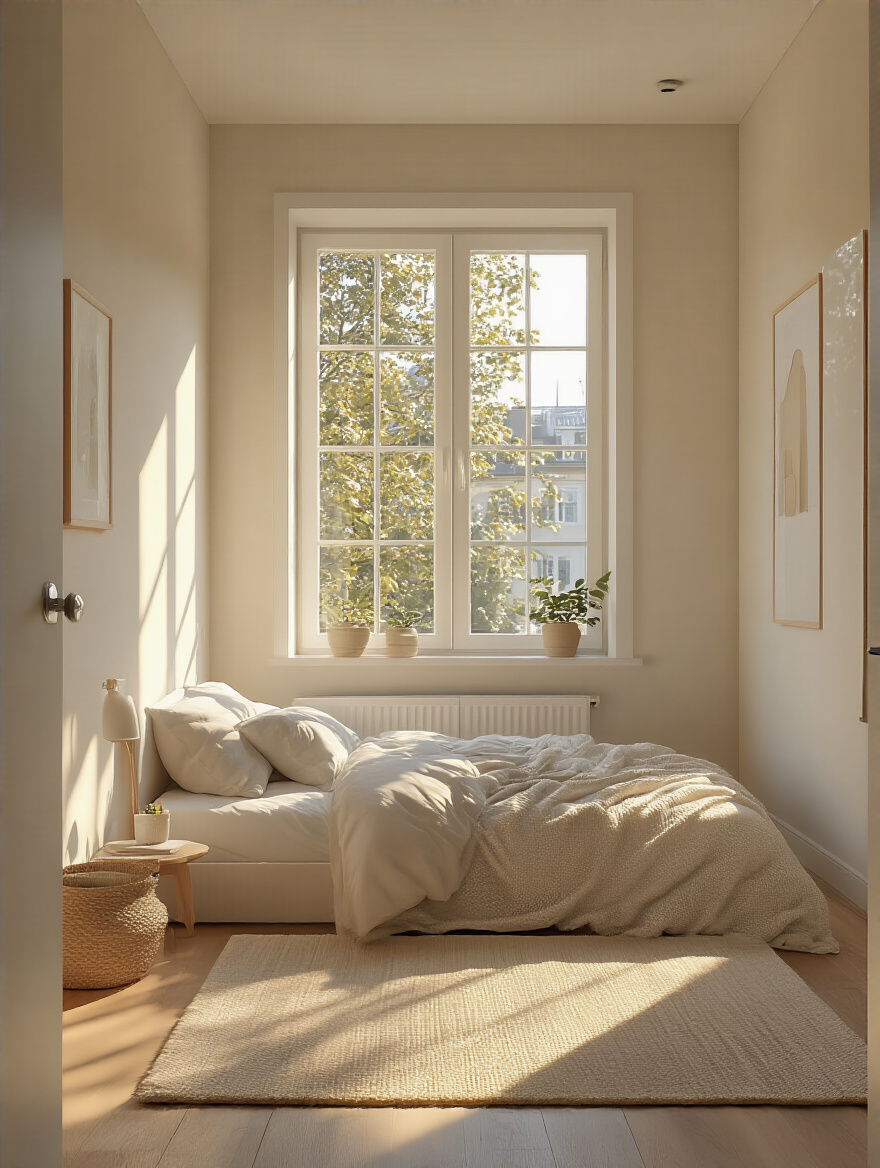Small bedroom with bed positioned near large east-facing window maximizing natural light