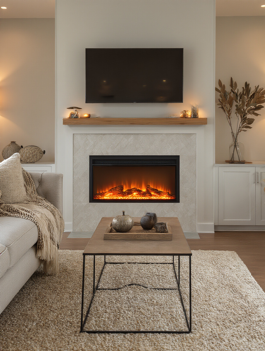 Vertical living room portrait with a glowing electric fireplace and cozy decor