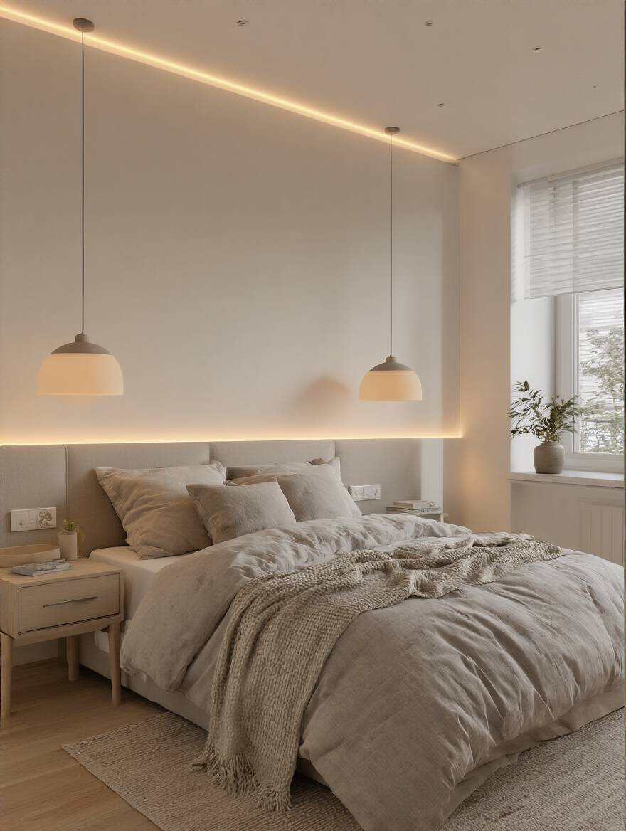 Apartment bedroom with layered lighting including ambient ceiling light, bedside task lamps, and accent LED strips behind the bed