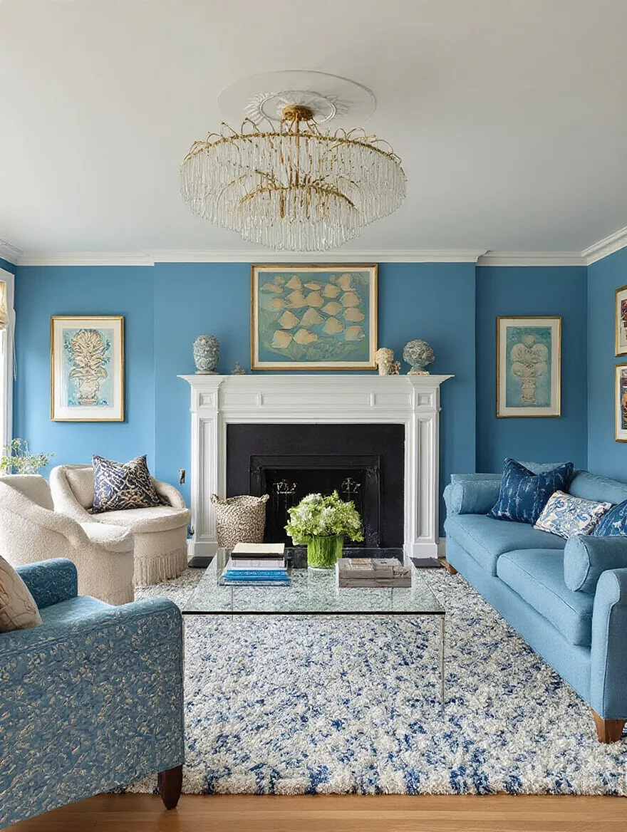 Modern living room with smart lighting fixtures and ambient color, no people