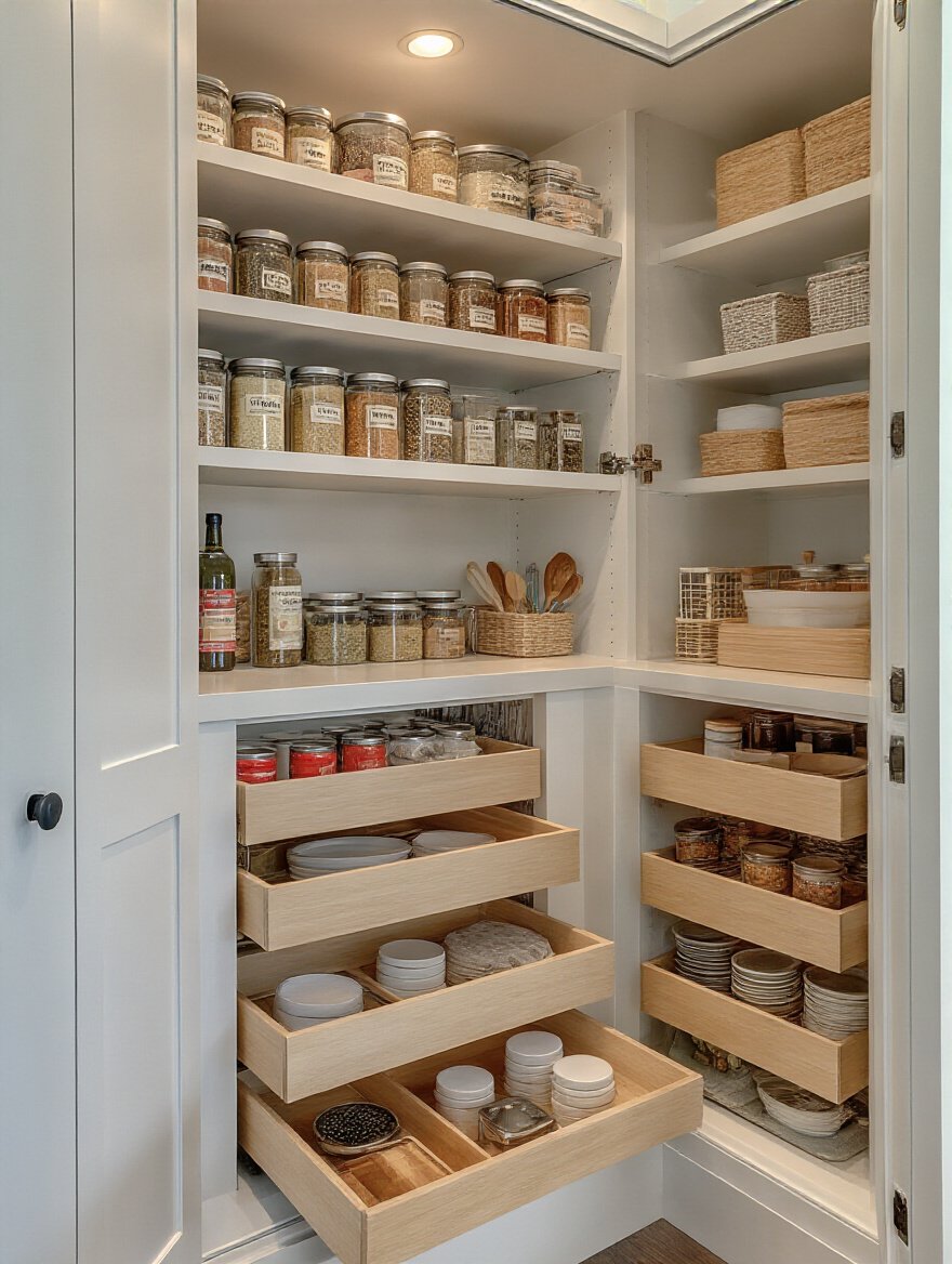 Modern kitchen pantry featuring smart internal organizers with pull-out drawers and tiered spice racks