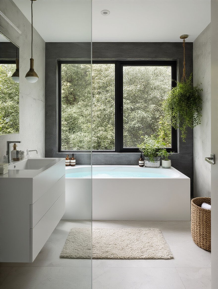 Modern bathroom vanity with strategically placed electrical outlets and USB ports, showcasing a clean, clutter-free countertop and integrated charging solutions.