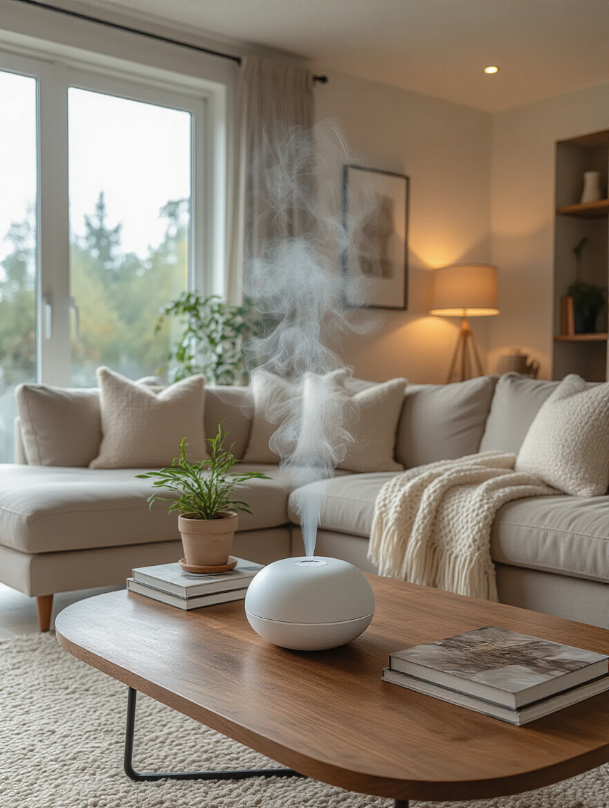 Cozy living room with a diffuser releasing a gentle mist on a coffee table, warm lighting