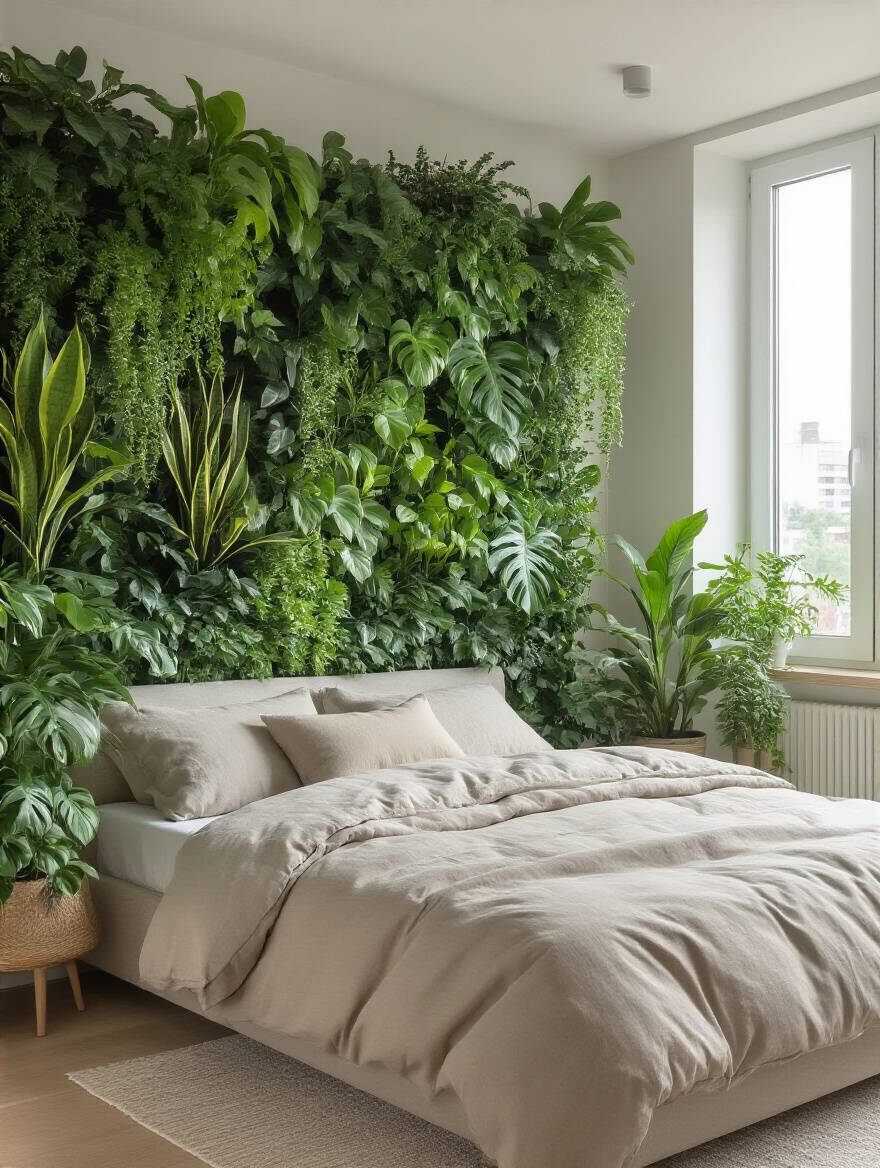 Modern apartment bedroom featuring biophilic design with live plants and a living wall planter, illuminated by natural light