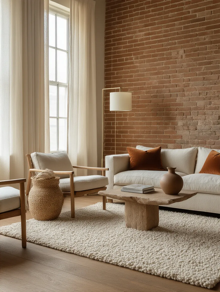 Portrait-style living room showing layered textures: linen sofa, boucle rug, velvet cushions, brick wall, woven basket, ceramic vase, wood and metal accents.