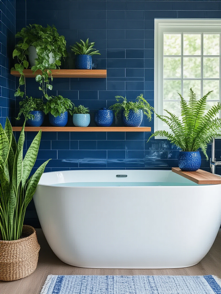 Vertical view of a navy blue bathroom with varied blue ceramic planters holding lush green plants on a wooden shelf above a freestanding tub