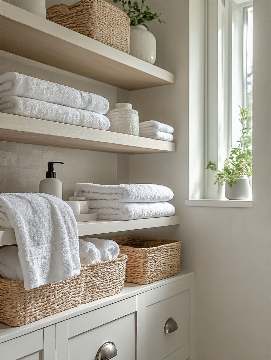 Modern bathroom vanity with open shelving displaying neatly folded towels and elegant decor items