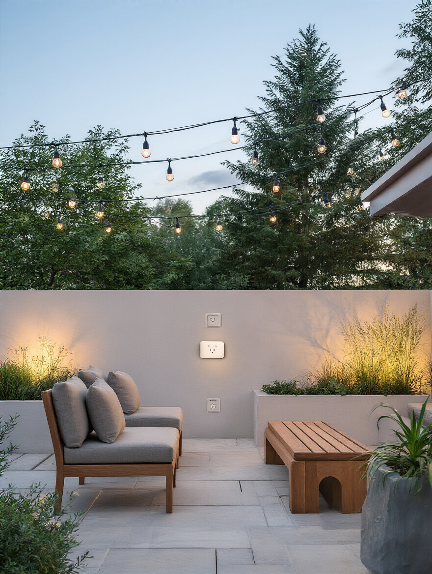 Patio with built-in outdoor outlets and string lights