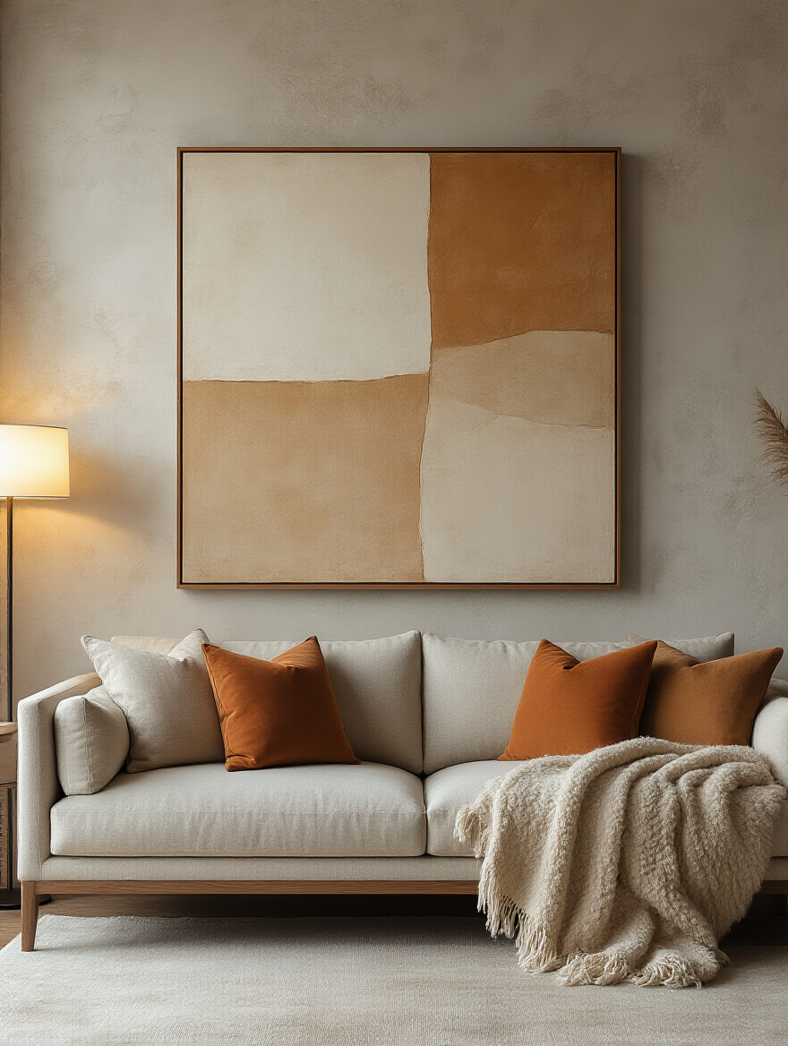 Vertical cozy living room with a large gallery wall above a sofa, warm lighting, rich textures