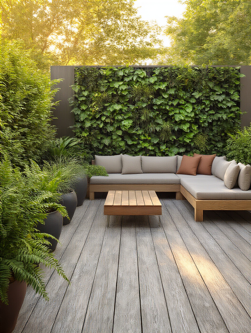 Patio with a vertical garden wall and row of potted plants along a wooden deck, sunlit in golden hour.