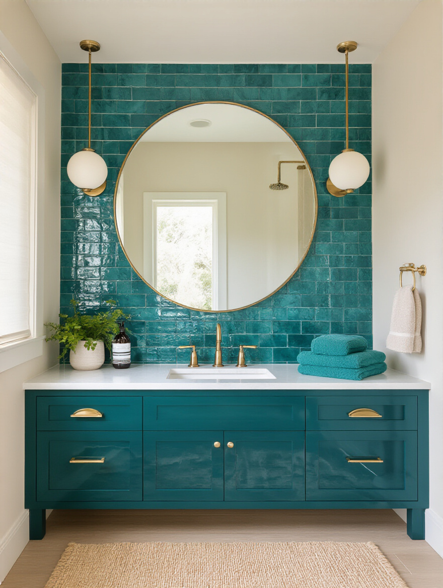 Luxurious teal bathroom with deep teal vanity, glossy teal tile accent wall, brass fixtures and marble countertop