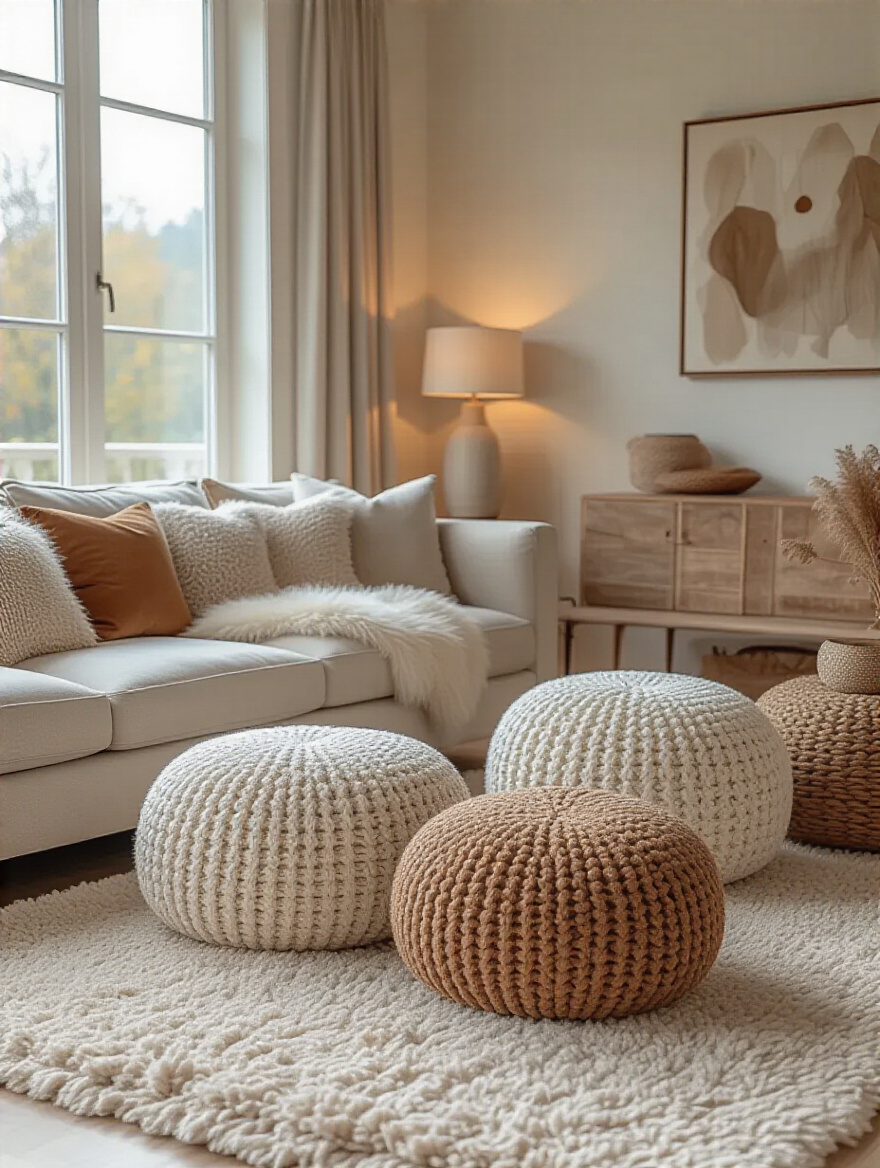 Cozy living room with textured poufs and ottomans, warm textiles, and soft lighting; no people.