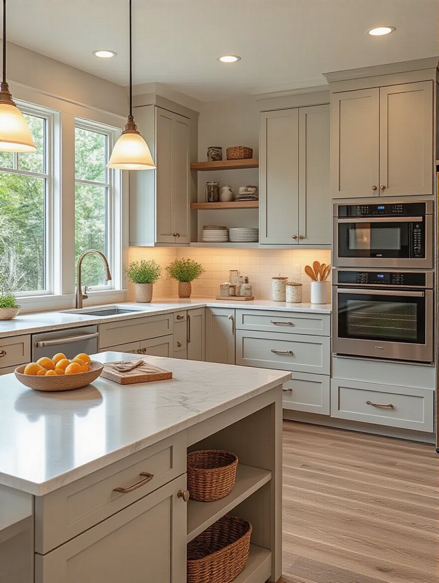 Modern accessible kitchen with multi-height countertops and universal design features emphasizing long-term accessibility