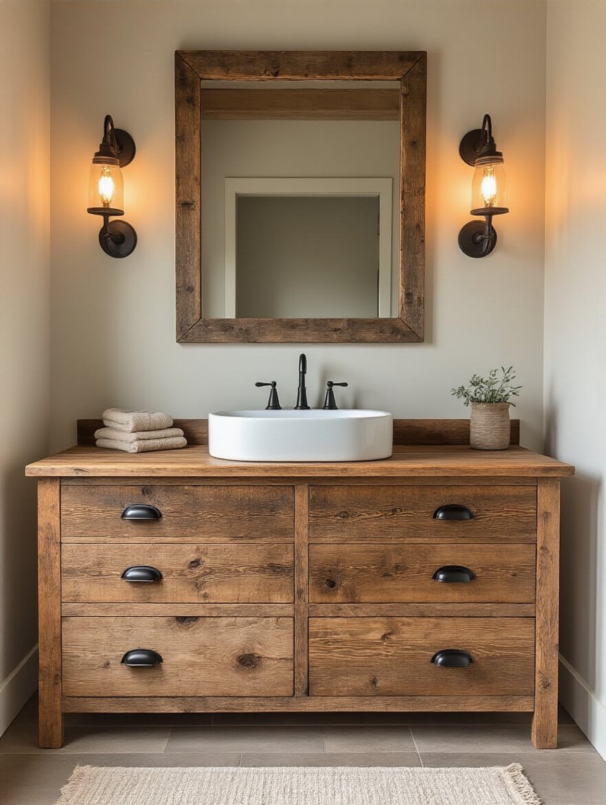 Farmhouse bathroom vanity made of authentic reclaimed wood with vessel sink and matte black fixtures, warmly lit in a rustic bathroom setting