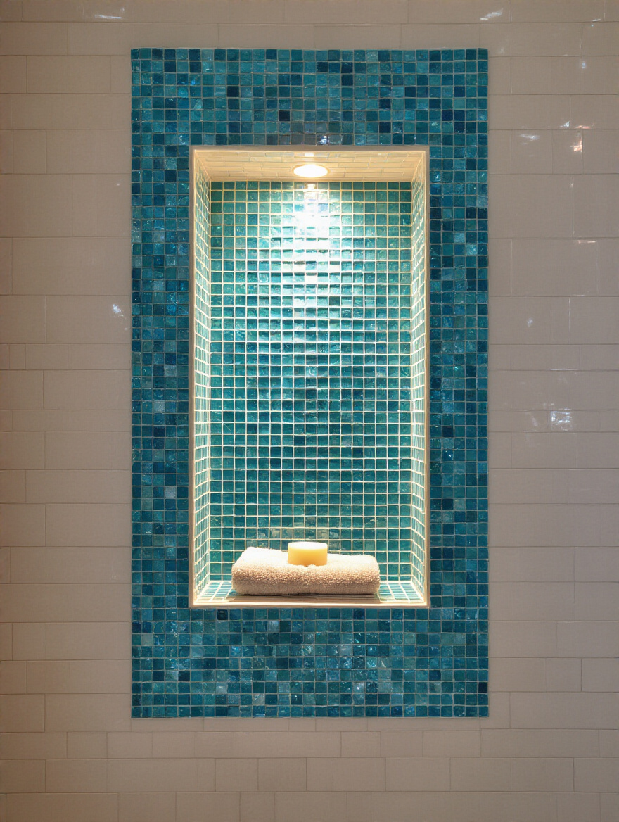 Portrait photo of a shower niche lined with iridescent blue-toned mosaic tiles lit by hidden LED accent lighting