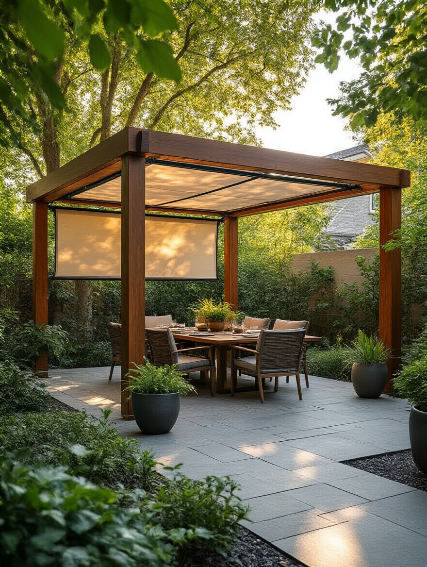 Vertical patio scene with a wooden pergola and a retractable shade over a dining area, surrounded by greenery and a stone patio.