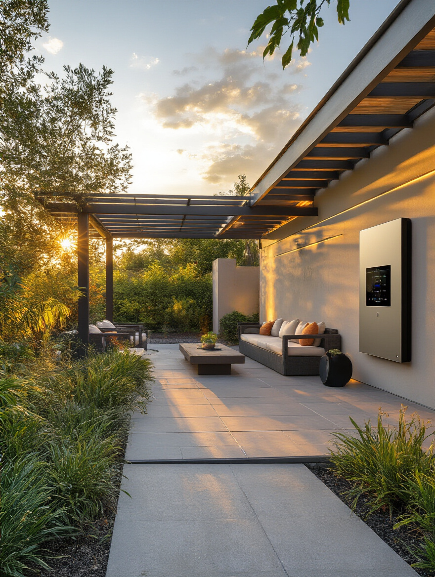 Vertical shot of a modern patio with wall-mounted smart hub and ambient lighting