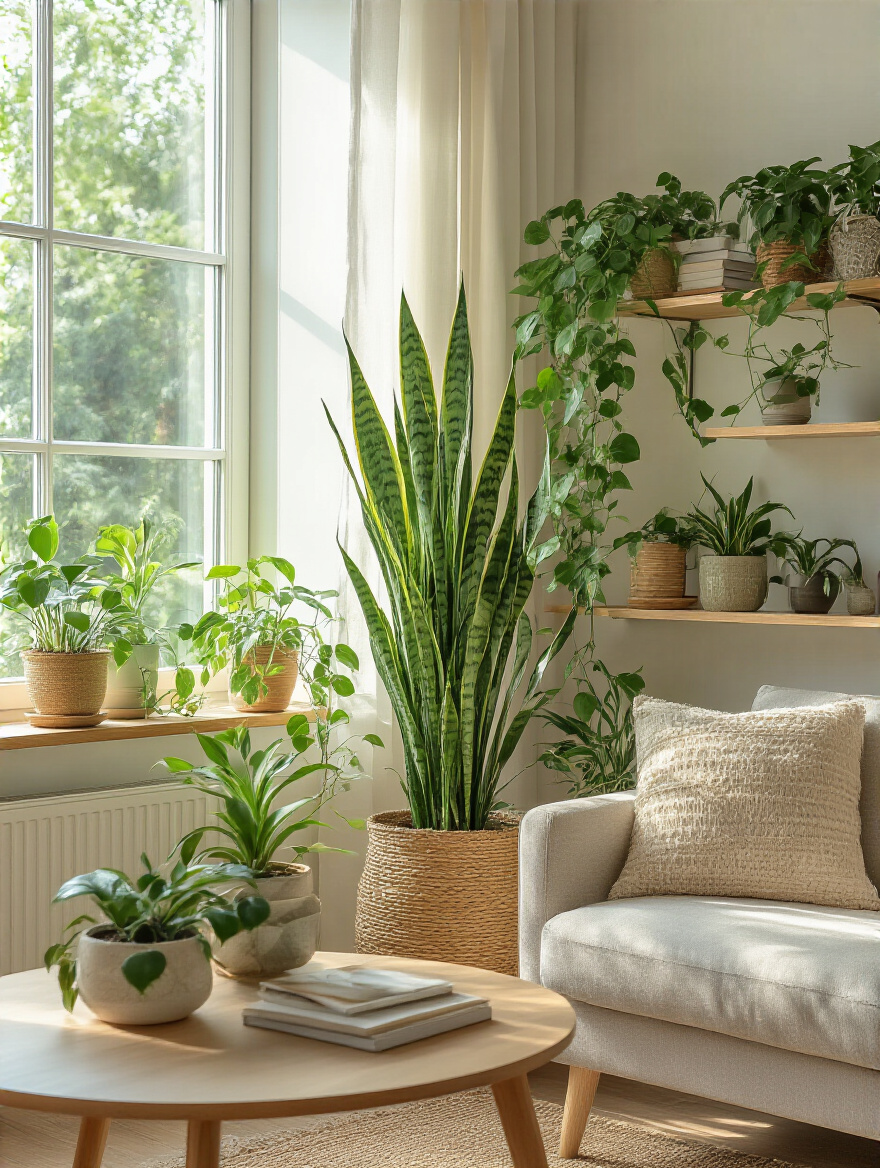 Portrait-style living room with tall and trailing greenery in decorative pots for a cozy sanctuary.