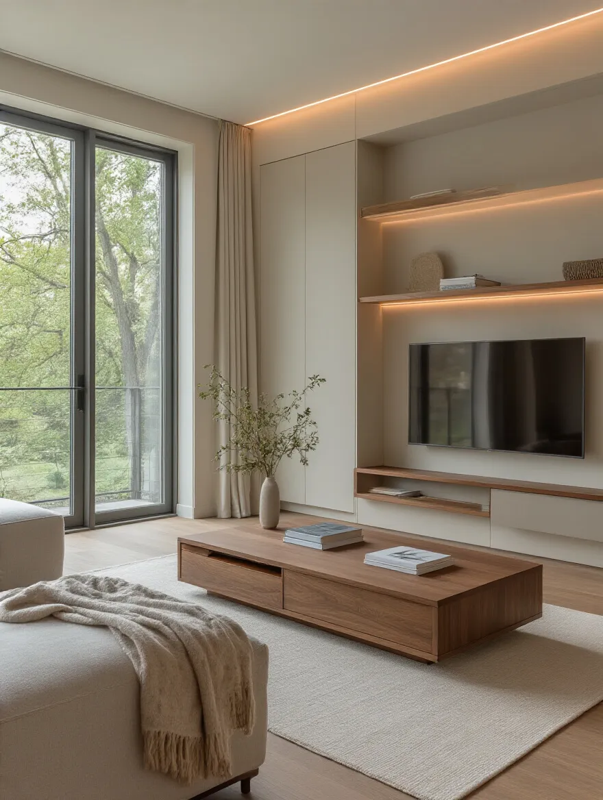 Minimalist living room with seamless hidden storage integrated into low-profile furniture and built-ins, soft natural light.