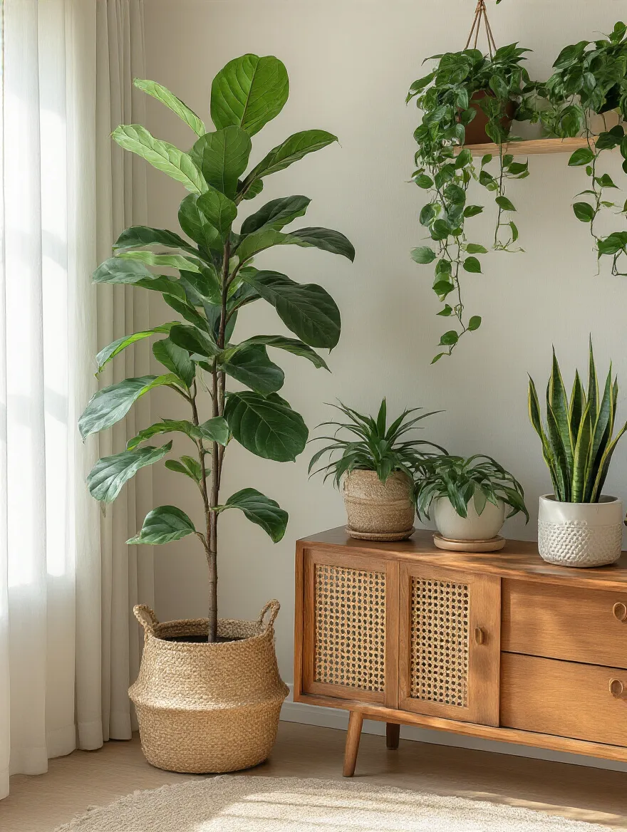 Vertical living room scene with tall indoor plants by a window and layered greenery on shelves