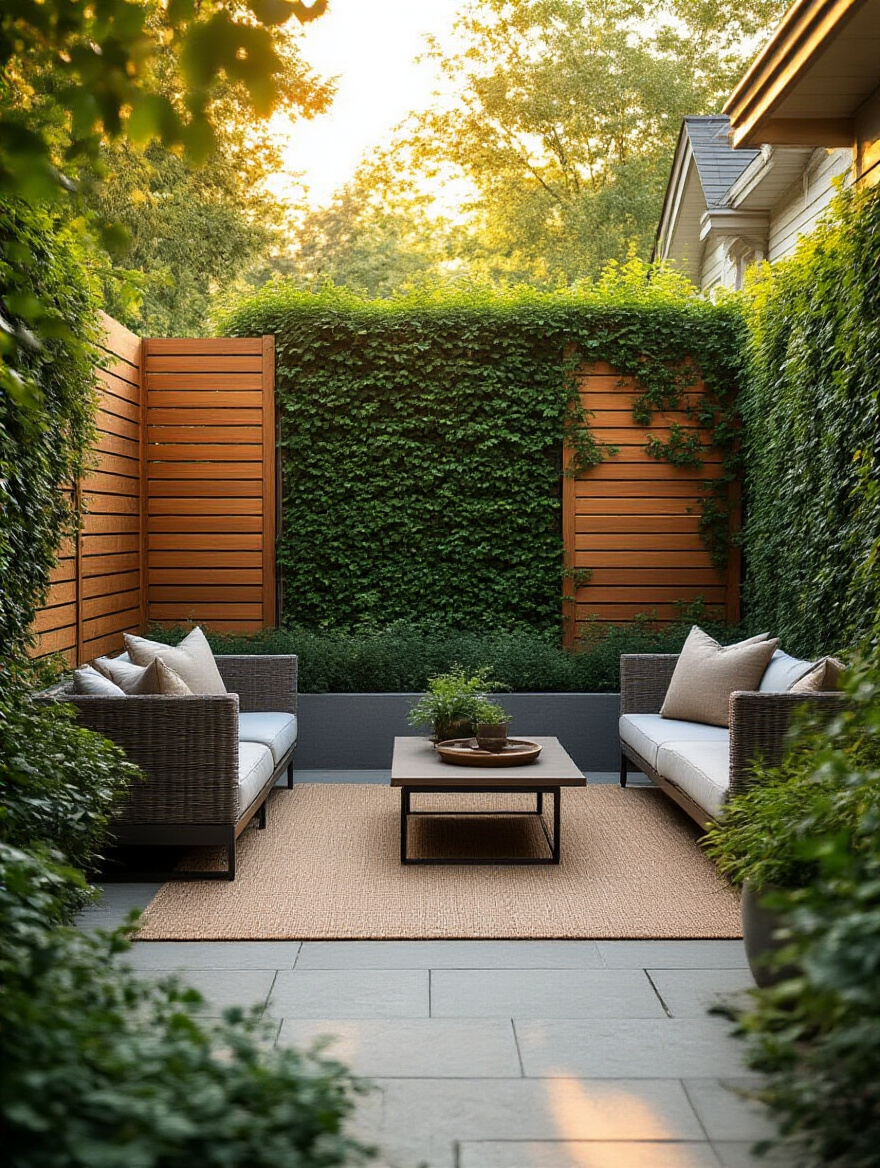 Backyard patio with privacy screens and lush landscaping creating a secluded, tranquil retreat at golden hour