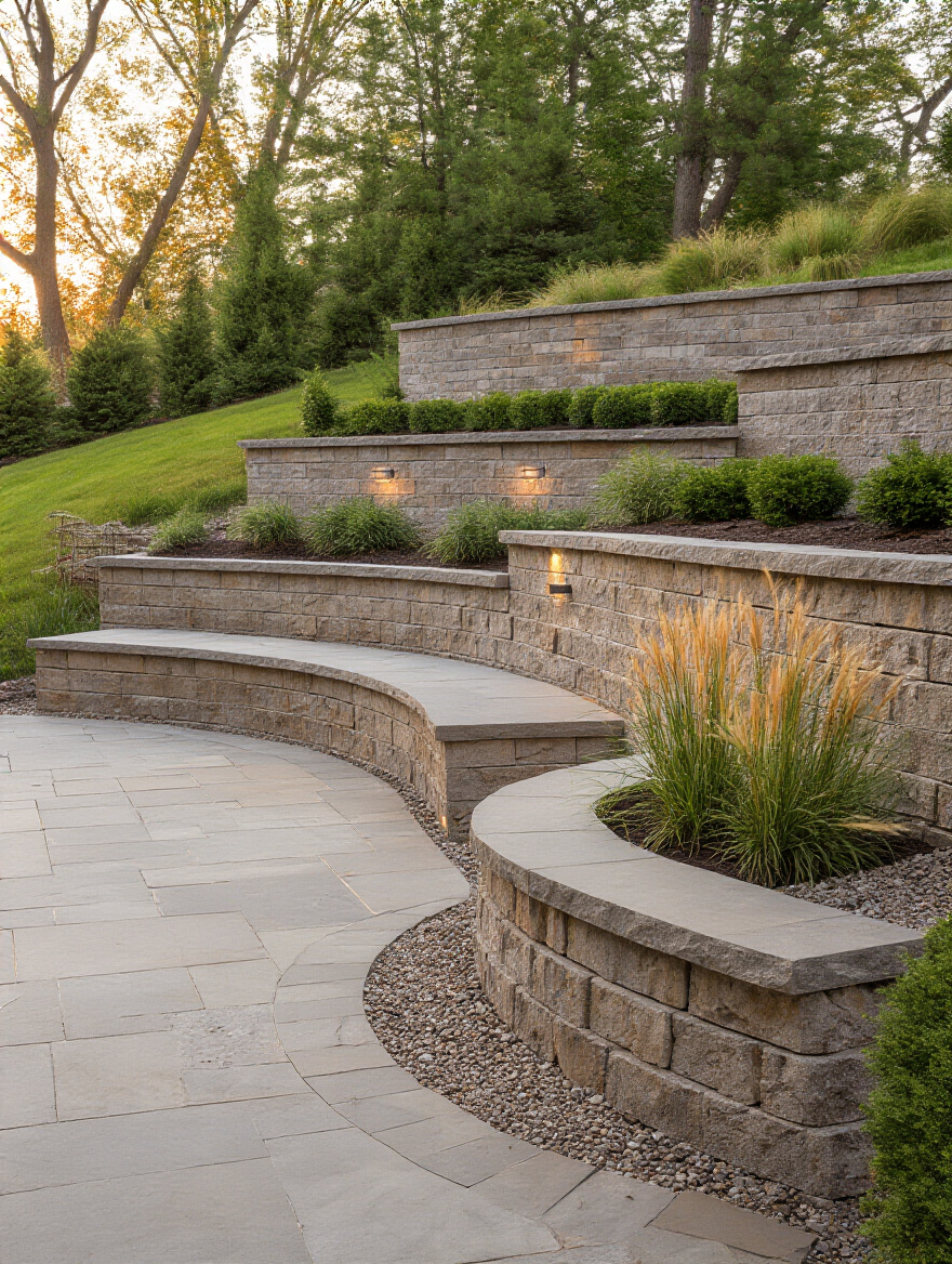 Portrait of a tiered retaining wall with built-in seating and planters in a sunlit backyard