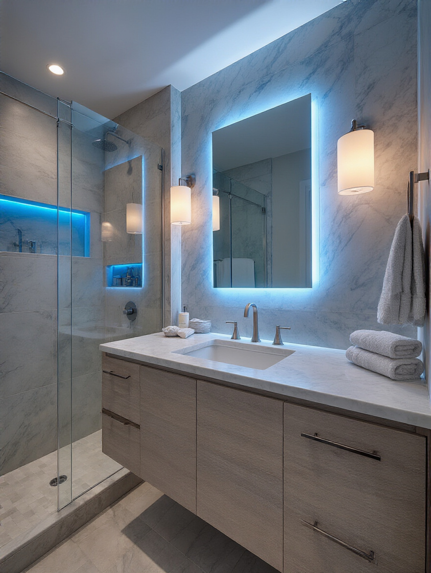 Modern bathroom portrait with blue-toned LED accent lighting under floating marble vanity, backlit mirror, and illuminated shower niche creating a serene, spa-like ambiance.