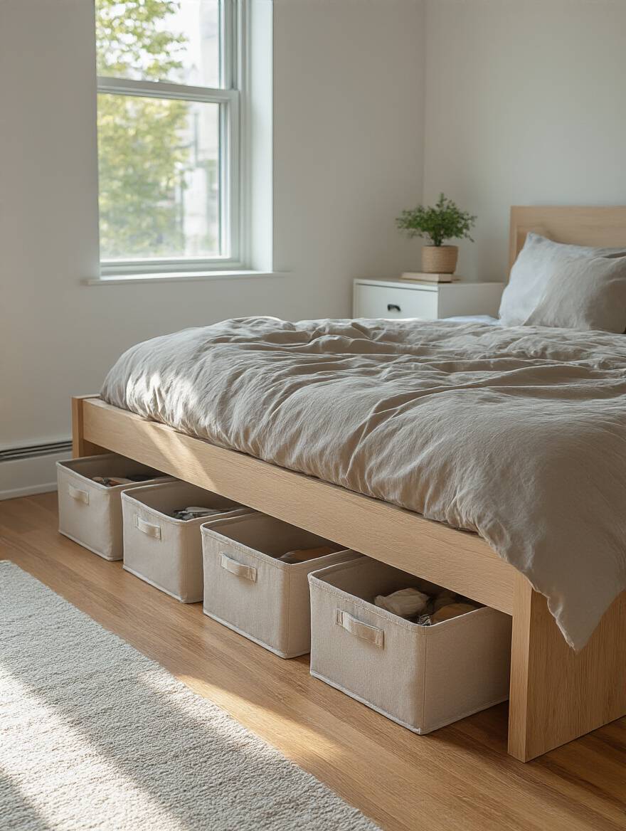 Modern apartment bedroom with organized under-bed storage bins and minimalist design