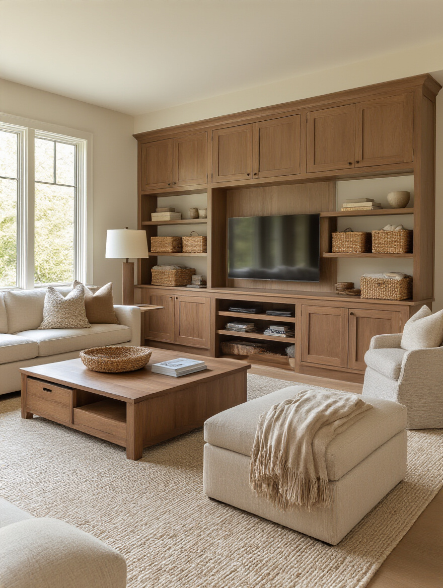 Cozy living room with hidden storage: lift-top table, storage ottoman, and closed cabinets in warm wood tones.