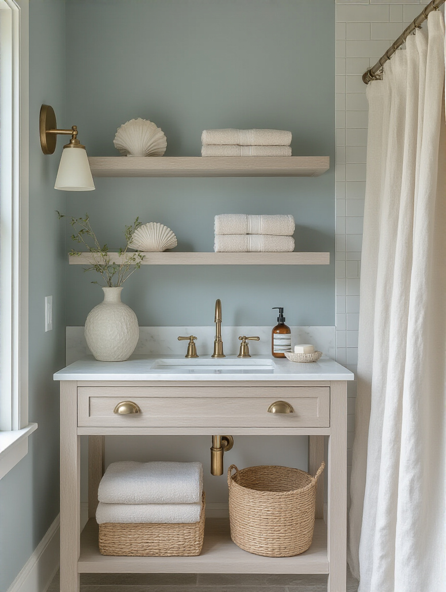 Vertical view of a coastal-inspired bathroom with muted dusty blue walls, oak vanity, rattan basket and brass fixtures