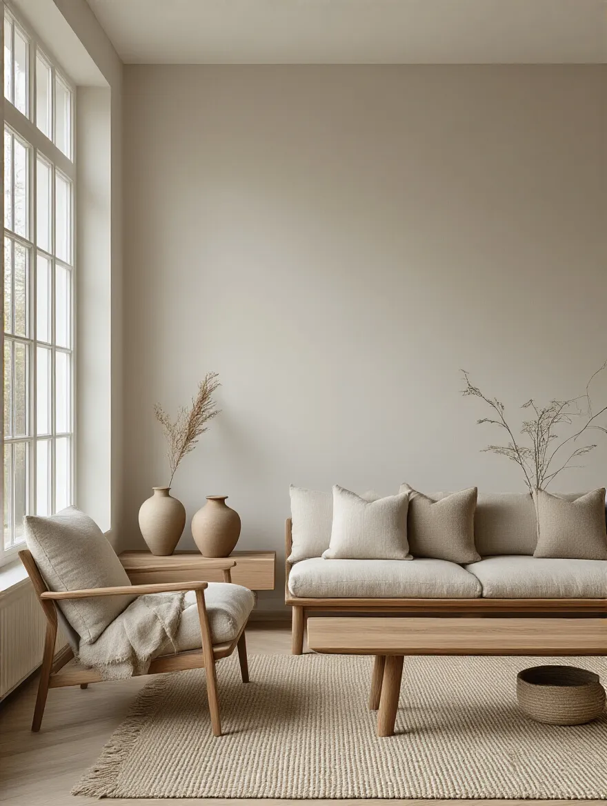 Vertical interior shot of a serene minimalist living room highlighting a solid wood sofa, premium finishes, and natural textures.