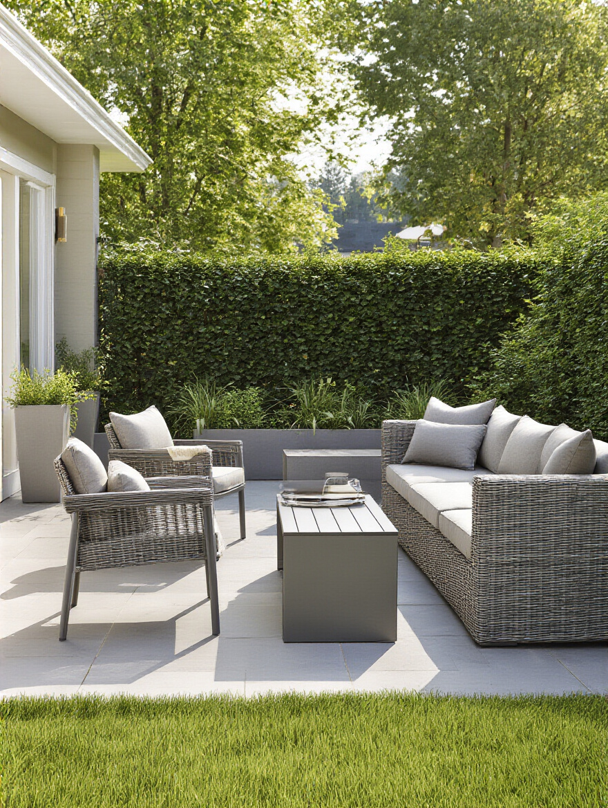 Backyard patio with weather-resistant furniture on a sunlit deck, neutral-toned cushions, and greenery in the background.