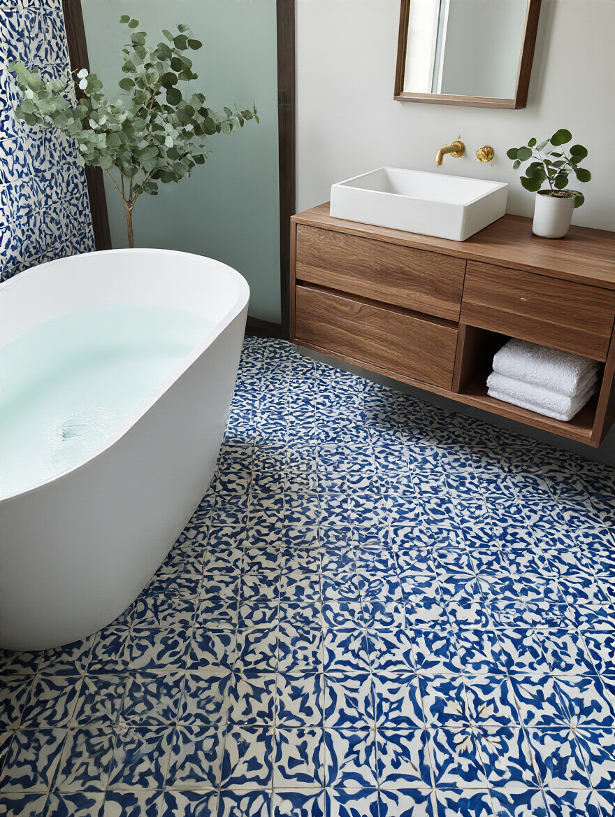 Vertical professional photo of a bathroom featuring patterned blue and white floor tiles, freestanding tub, walnut vanity and brass fixtures