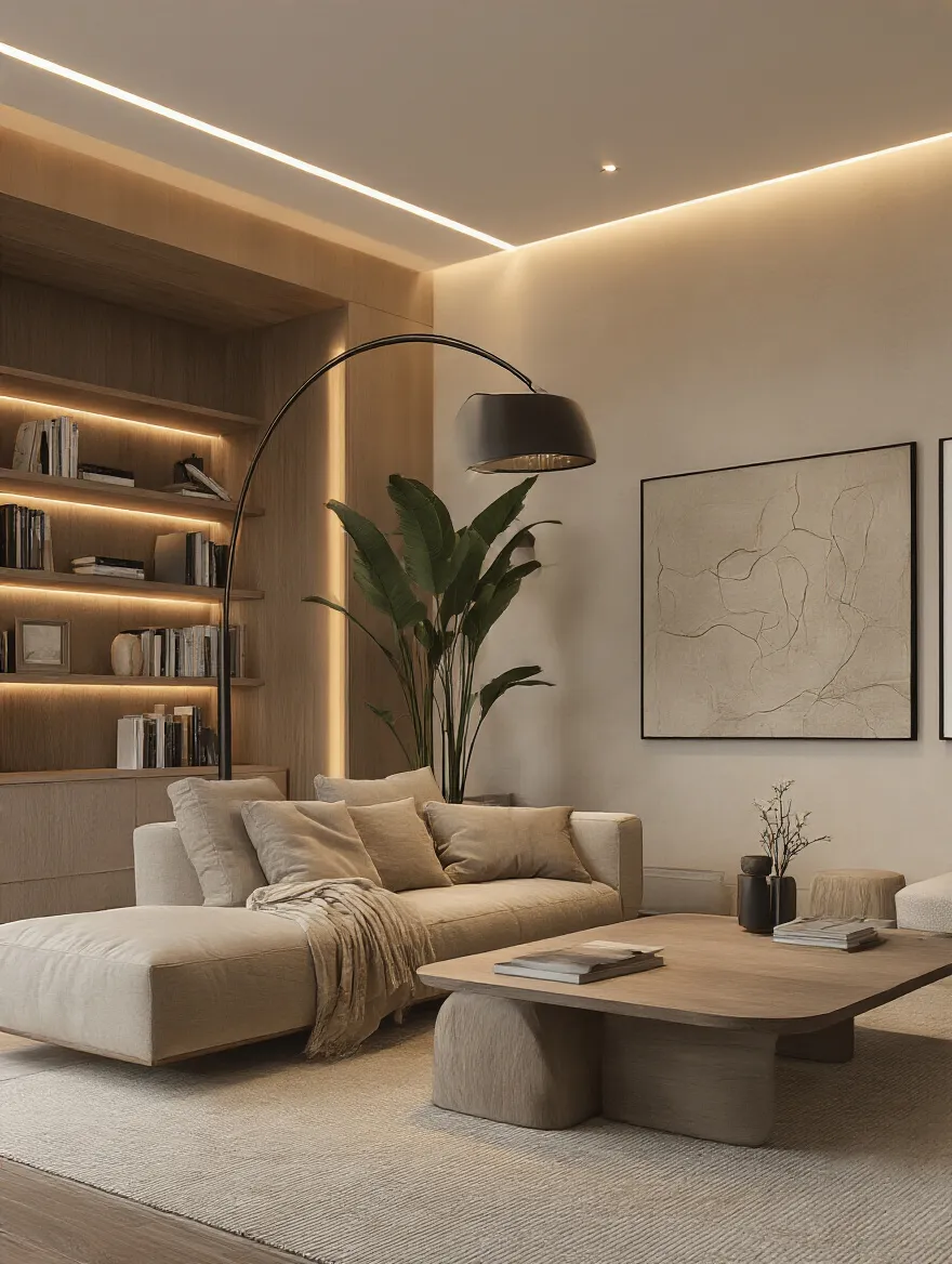 Modern living room showing layered ambient, task, and accent lighting with a cozy, inviting atmosphere