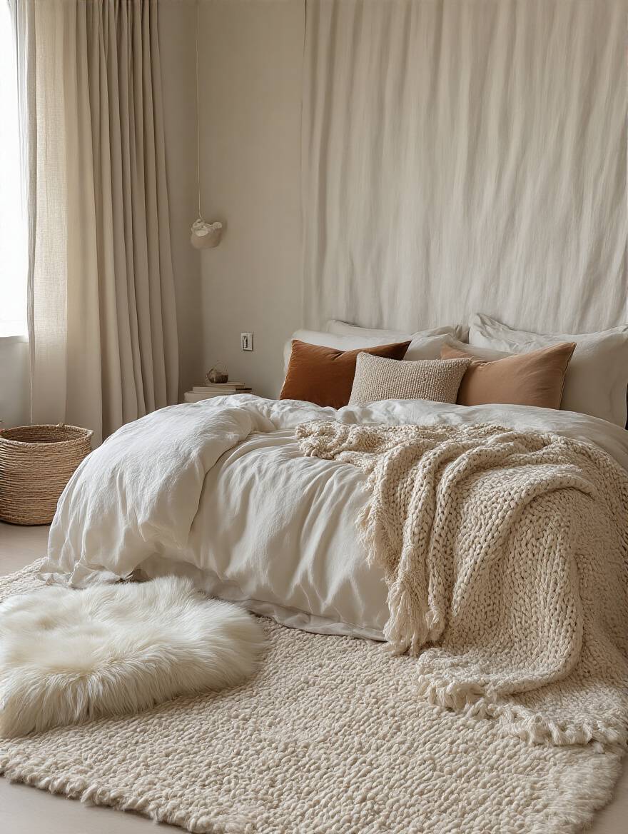 Apartment bedroom featuring layered textiles and textures including velvet pillows, knit blanket, and linen curtains for added warmth and depth