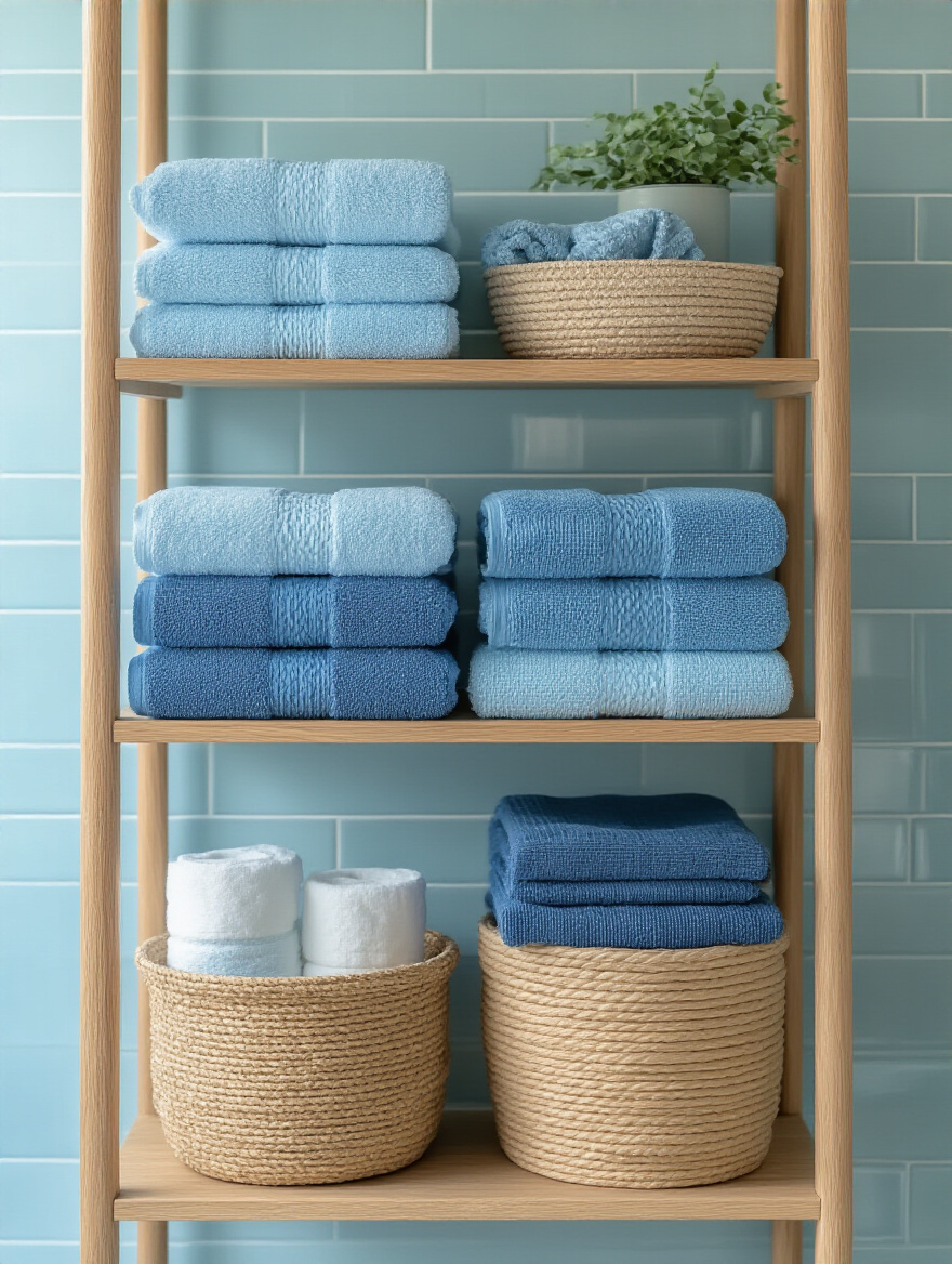 Portrait view of layered textured blue towels on wooden shelving in a spa-like bathroom, showing folded and rolled towels in multiple blue shades and textures