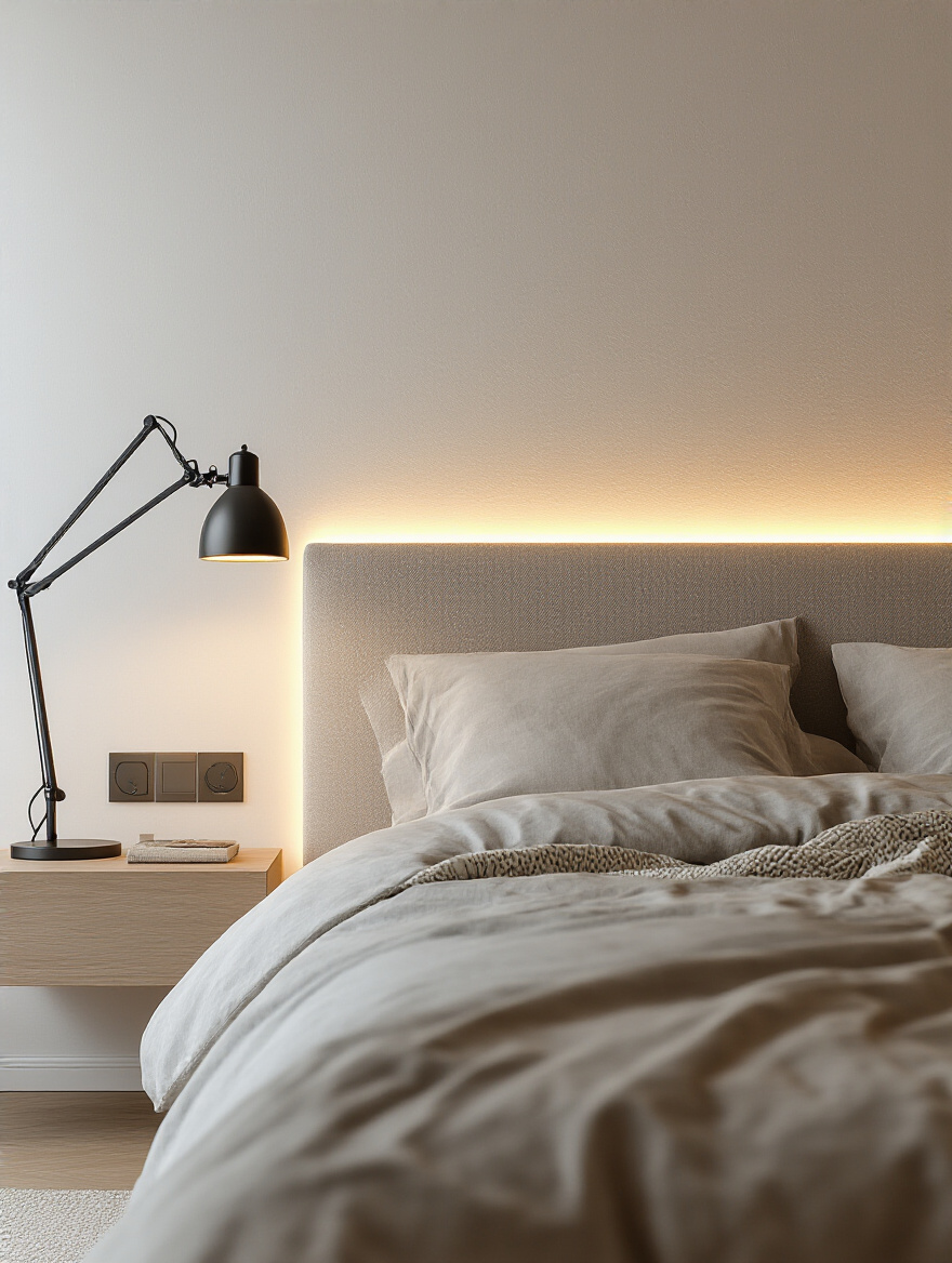 Small modern bedroom featuring layered ambient, task, and accent lighting with recessed ceiling lights, wall-mounted swing-arm lamp, and LED strips behind headboard