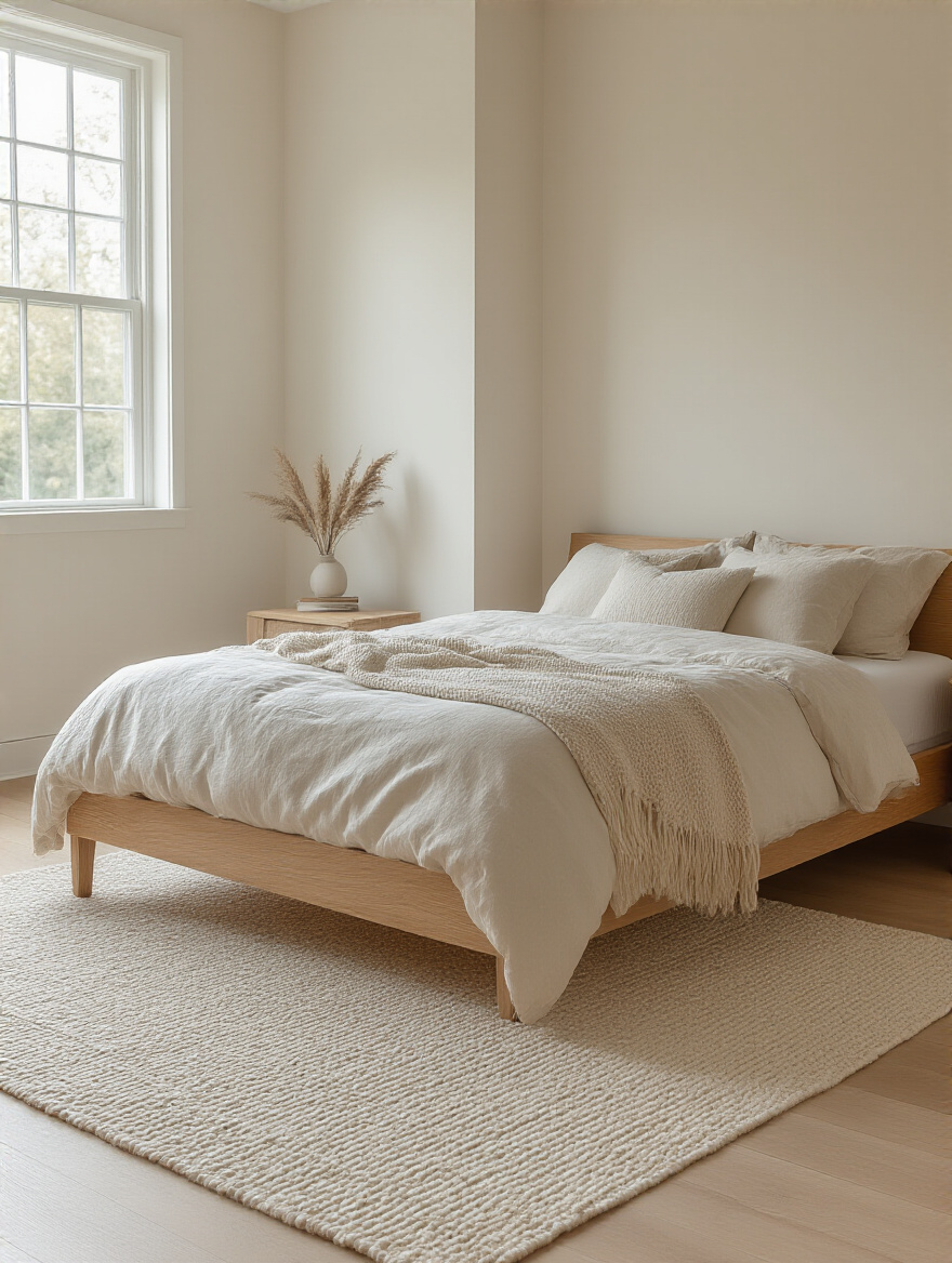 Small bedroom with minimal floor rugs and a large light-colored full-room rug creating a spacious and bright atmosphere