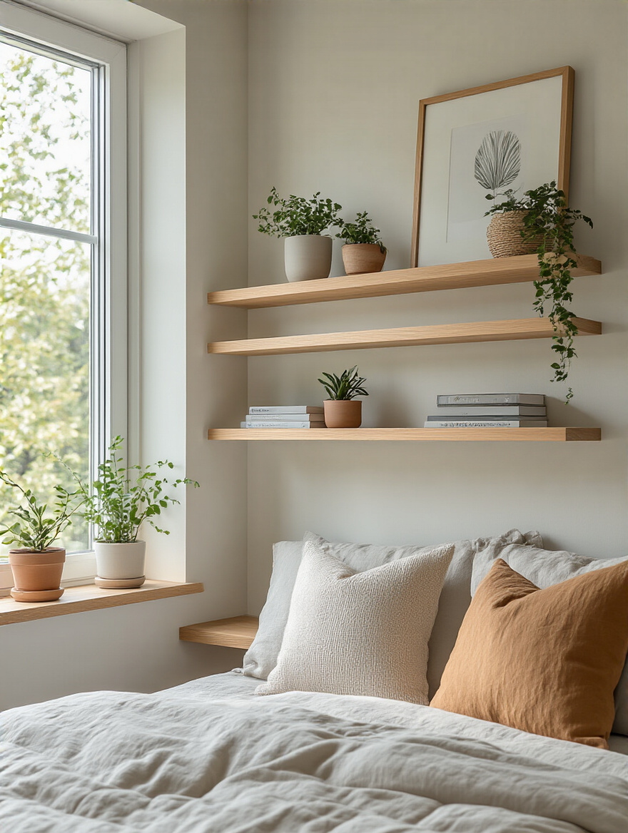 Minimalist floating shelves with decor in a small bedroom corner showcasing vertical space usage and no floor clutter