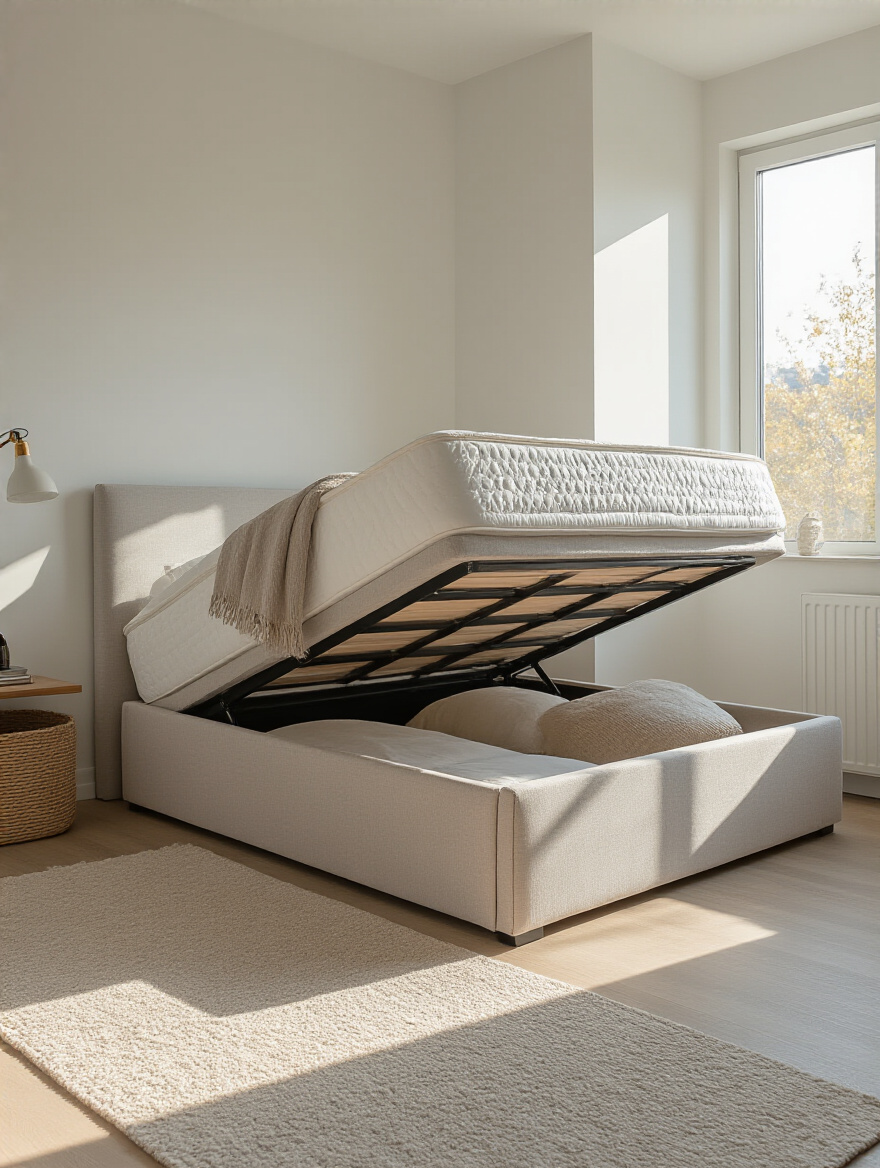 Small bedroom interior featuring a modern ottoman bed with open under-bed storage in natural light