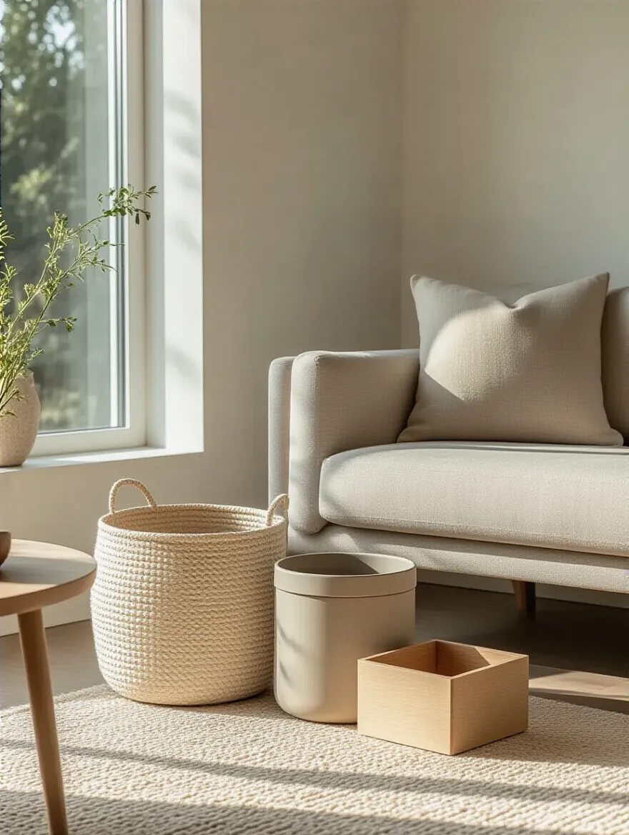 Portrait of a minimalist living room with three neutral storage containers suggesting the 3-Box Method, natural light, calm setup